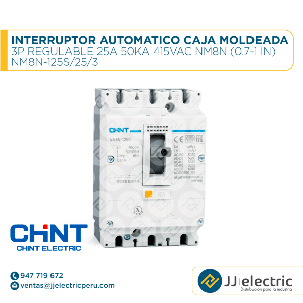  Interruptor Automático Caja Moldeada 3P Regulable 25A 50Ka 415Vac Nm8N (0.7-1 In) NM8N-125S/25/3 - CHINT