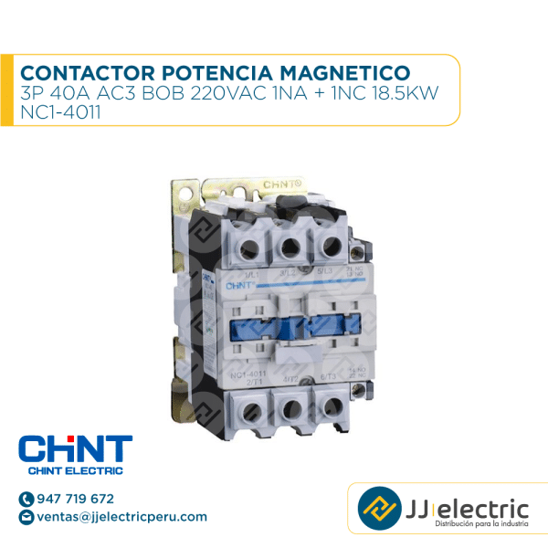 Contactor Potencia Magnético 3P 40A Ac3 Bob 220Vac 1Na + 1Nc 18.5Kw / NC1-4011 - CHINT