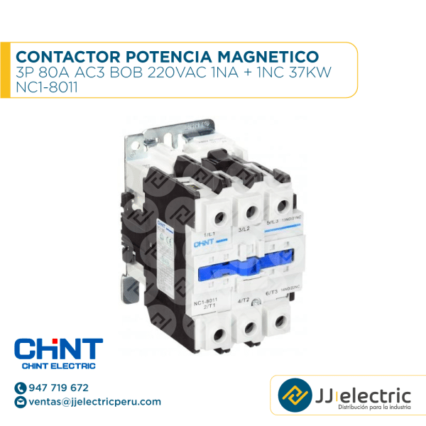 Contactor Potencia Magnético 3P 80A Ac3 Bob 220Vac 1Na + 1Nc 37Kw / NC1-8011 - CHINT