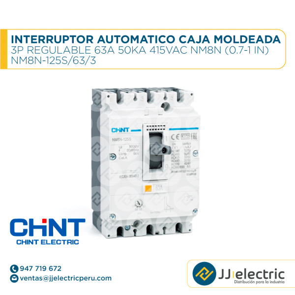 Interruptor Aut. Caja Moldeada 3P Regulable 63A 50Ka 415Vac Nm8N (0.7-1 In) / NM8N-125S/63/3 - CHINT