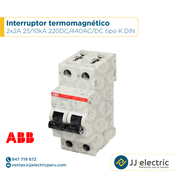 Interruptor termomagnético 2x2A 25/10kA 220DC/440AC/DC tipo K DIN - ABB