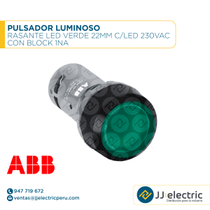 Pulsador luminoso rasante LED verde 22mm c/LED 230VAC con block 1NA - ABB