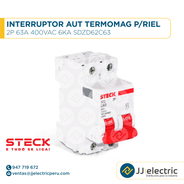 Interruptor Aut Termomagnético P/Riel 2P 63A 400Vac 6Ka Sdzd62C63 - STECK
