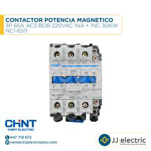 Contactor Potencia Magnetico 3P 65A Ac3 Bob 220Vac 1Na + 1Nc 30Kw / NC1-6511 - CHINT