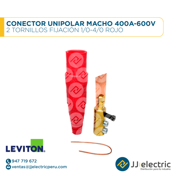 CONECTOR UNIPOLAR MACHO 400A-600V 2 TORNILLOS FIJACIÓN 1/0-4/0 ROJO - LEVITON