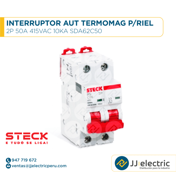 Interruptor Aut Termomagnético P/Riel 2P 50A 415Vac 10Ka Sda62C50 - STECK