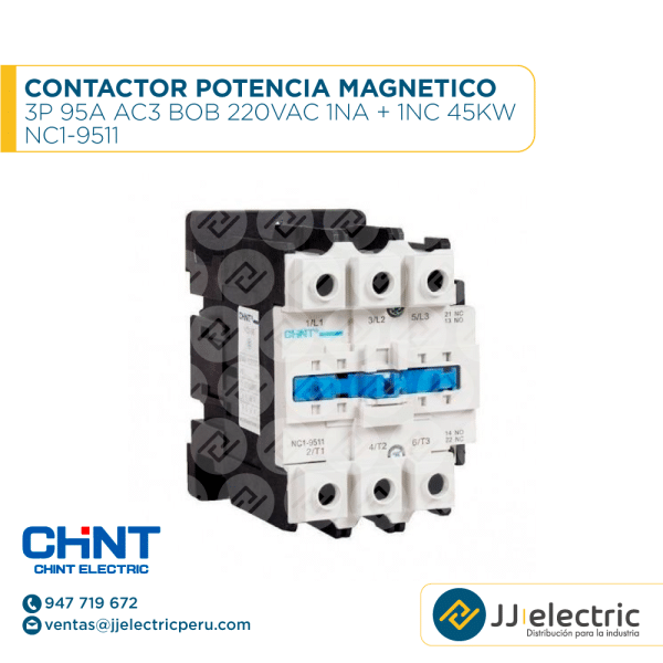 Contactor Potencia Magnetico 3P 95A Ac3 Bob 220Vac 1Na + 1Nc 45Kw / NC1-9511 - CHINT