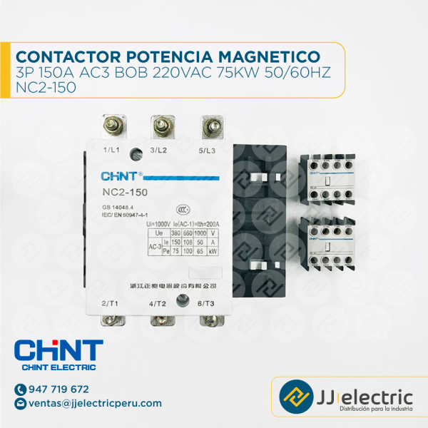 Contactor Potencia Magnetico 3P 150A Ac3 Bob 220Vac 75Kw 50/60Hz / NC2-150 - CHINT