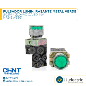 Pulsador Lumin. Rasante Metal Verde Ø22Mm 220Vac C/Led 1Na / NP2-BW3361 - CHINT