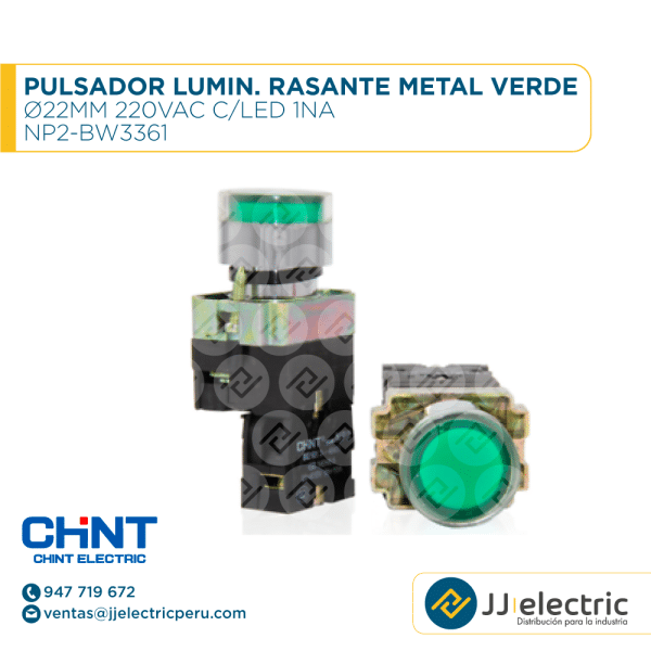 Pulsador Lumin. Rasante Metal Verde Ø22Mm 220Vac C/Led 1Na / NP2-BW3361 - CHINT