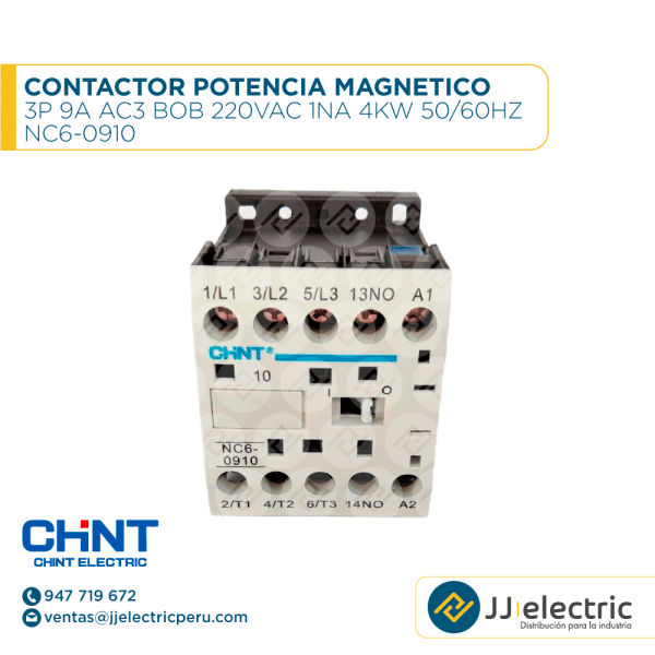 Contactor Potencia Magnetico 3P 9A Ac3 Bob 220Vac 1Na 4Kw 50/60Hz / NC6-0910 - CHINT