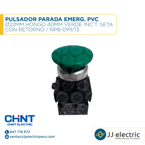 Pulsador Parada Emerg. Pvc Ø22Mm Hongo 40Mm Verde 1Nc T. Seta Con Retorno / NP8-01M/13 - CHINT