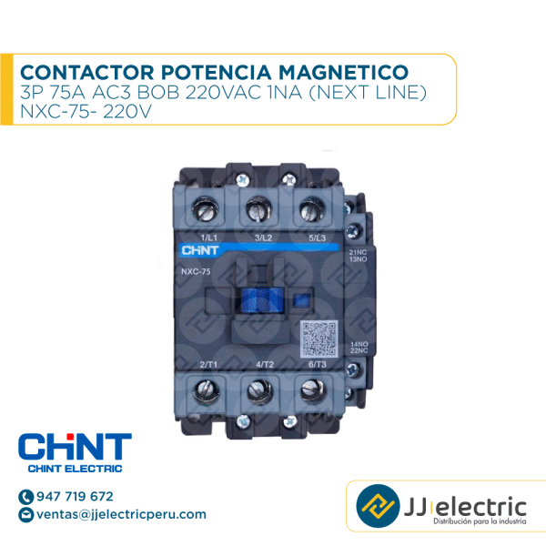 Contactor Potencia Magnetico 3P 75A Ac3 Bob 220Vac 1Na (Next Line) / NXC-75- 220V - CHINT