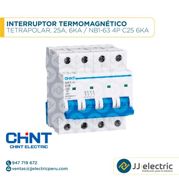Interruptor Termomagnético Tetrapolar, 25A, 6Ka / NB1-63 4P C25 6kA - CHINT