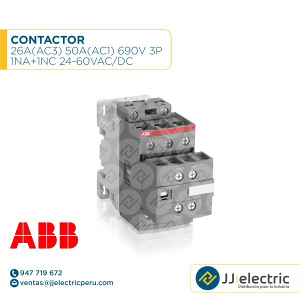 Contactor 26A(AC3) 50A(AC1) 690V 3P 1NA+1NC 24-60VAC/DC - ABB