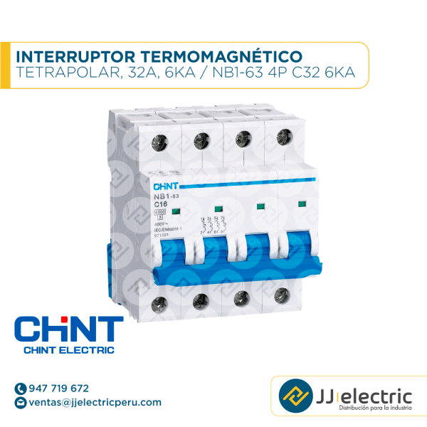 Interruptor Termomagnético Tetrapolar, 32A, 6Ka / NB1-63 4P C32 6kA - CHINT