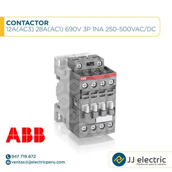 Contactor 12A(AC3) 28A(AC1) 690V 3P 1NA 250-500VAC/DC - ABB
