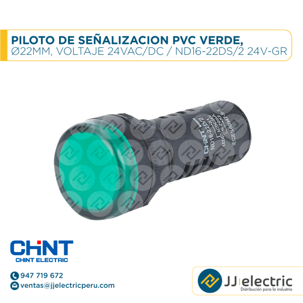 Piloto De Señalizacion Pvc Verde, Ø22Mm, Voltaje 24Vac/Dc / ND16-22DS/2 24V-GR - CHINT