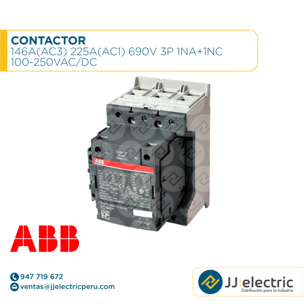Contactor 146A(AC3) 225A(AC1) 690V 3P 1NA+1NC 100-250VAC/DC - ABB