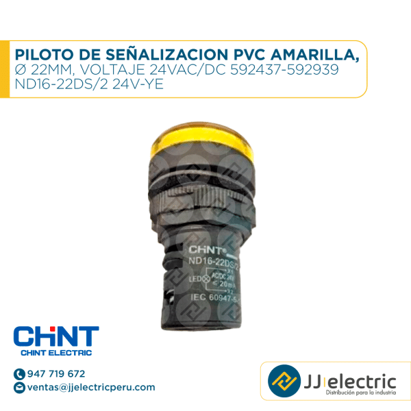 Piloto De Señalizacion Pvc Amarilla, Ø 22Mm, Voltaje 24Vac/Dc. . 592437-592939 / ND16-22DS/2 24V-YE - CHINT