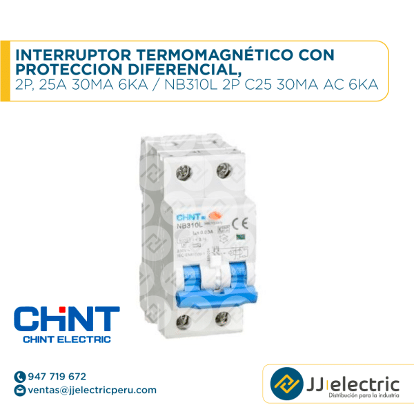 Interruptor Termomagnético Con Protección Diferencial, 2P, 25A 30Ma 6Ka / NB310L 2P C25 30mA AC 6kA - CHINT