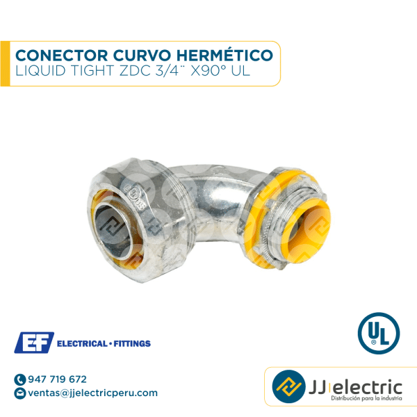 Conector curvo hermético Liquid Tight ZDC 3/4¨ x90° UL - E.F.