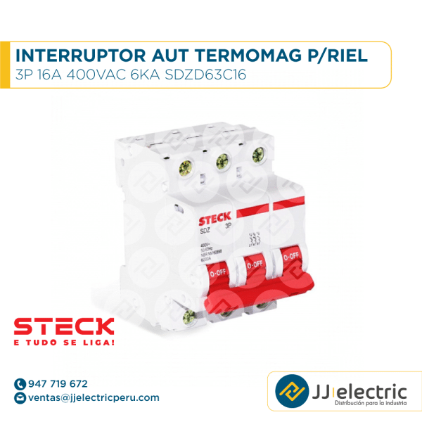 Interruptor Aut Termomagnético P/Riel 3P 16A 400Vac 6Ka Sdzd63C16 - STECK