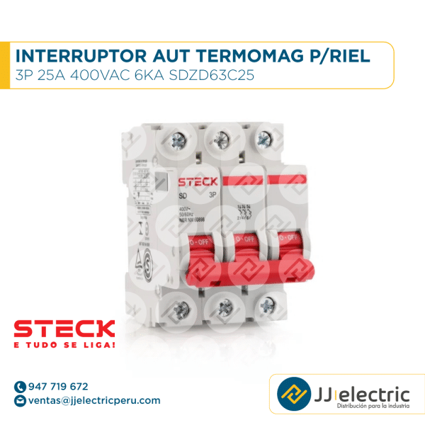 Interruptor Aut Termomagnético P/Riel 3P 25A 400Vac 6Ka Sdzd63C25 - STECK