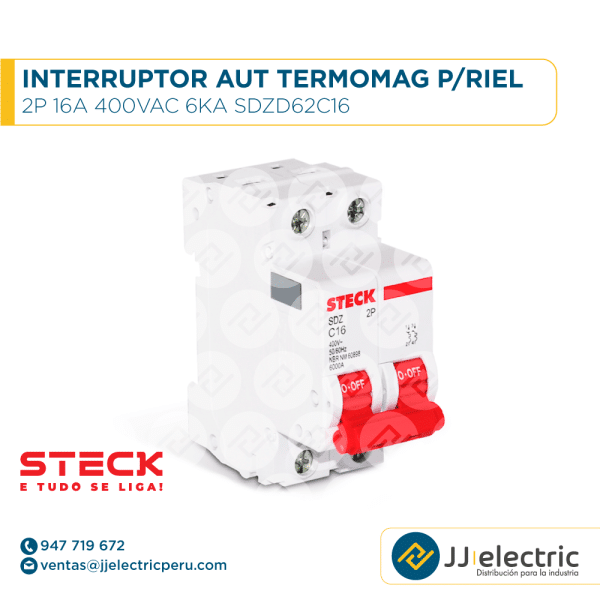Interruptor Aut Termomagnético P/Riel 2P 16A 400Vac 6Ka Sdzd62C16 - STECK