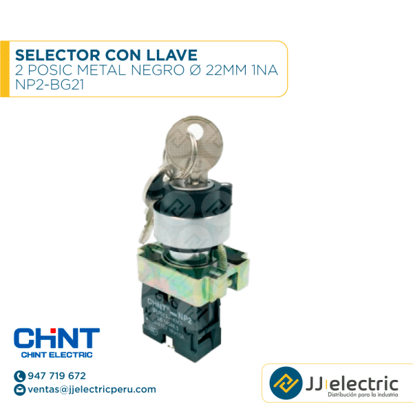 Selector Con Llave 2 Posic Metal Negro Ø 22Mm 1Na / NP2-BG21 - CHINT