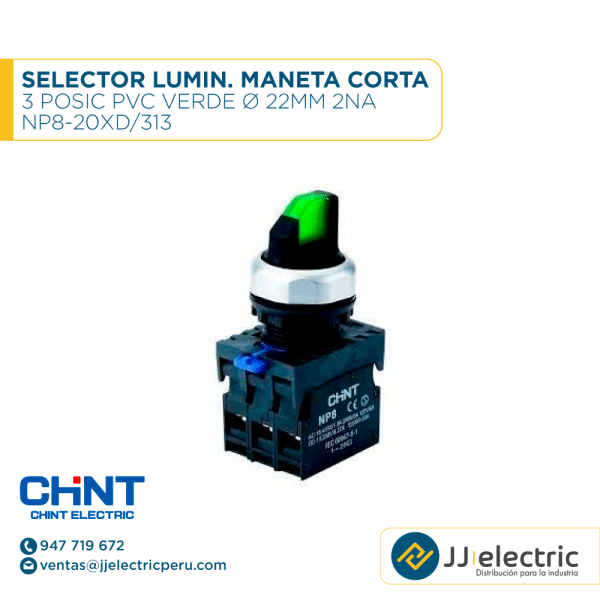 Selector Lumin. Maneta Corta 3 Posic Pvc Verde Ø 22Mm 2Na / NP8-20XD/313 - CHINT