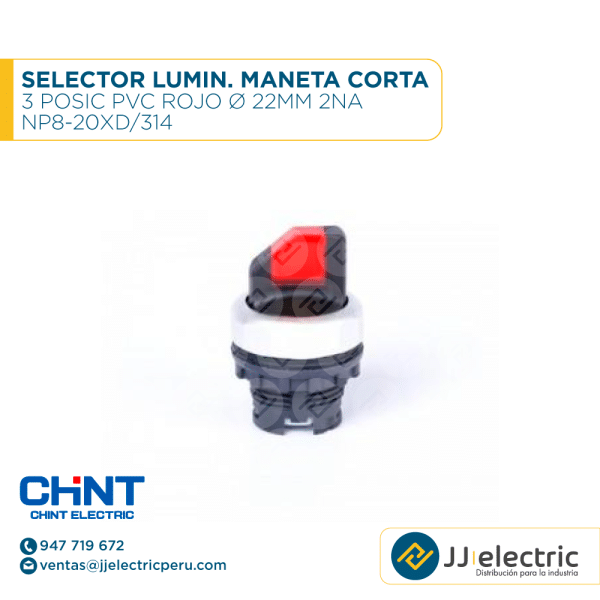 Selector Lumin. Maneta Corta 3 Posic Pvc Rojo Ø 22Mm 2Na / NP8-20XD/314 - CHINT