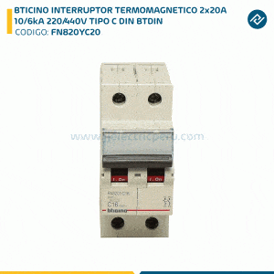 BTICINO INTERRUPTOR TERMOMAGNETICO 2x20A 10/6kA 220/440V TIPO C DIN BTDIN FN820YC20