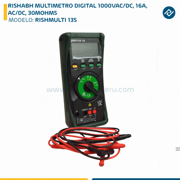 RISHABH MULTIMETRO DIGITAL 1000VAC/DC, 16A, AC/DC, 30MOHMS RISHMULTI 13S