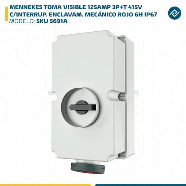 MENNEKES TOMA VISIBLE 125AMP 3P+T 415V C/INTERRUP. POR ENCLAVAM. MECÁNICO ROJO 6H IP67 SKU: 5691A