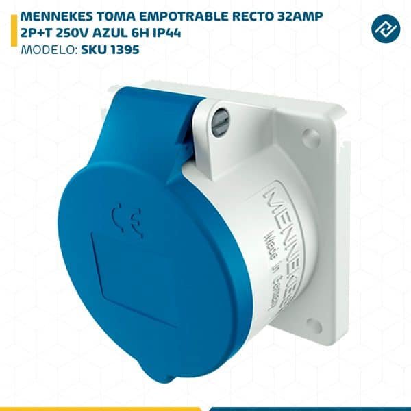 MENNEKES TOMA EMPOTRABLE RECTO 32AMP 2P+T 250V AZUL 6H IP44 SKU: 1395