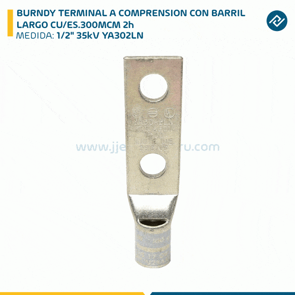 BURNDY TERMINAL A COMPRENSION CON BARRIL LARGO CU/ES.300MCM 2h 1/2" 35kV YA302LN