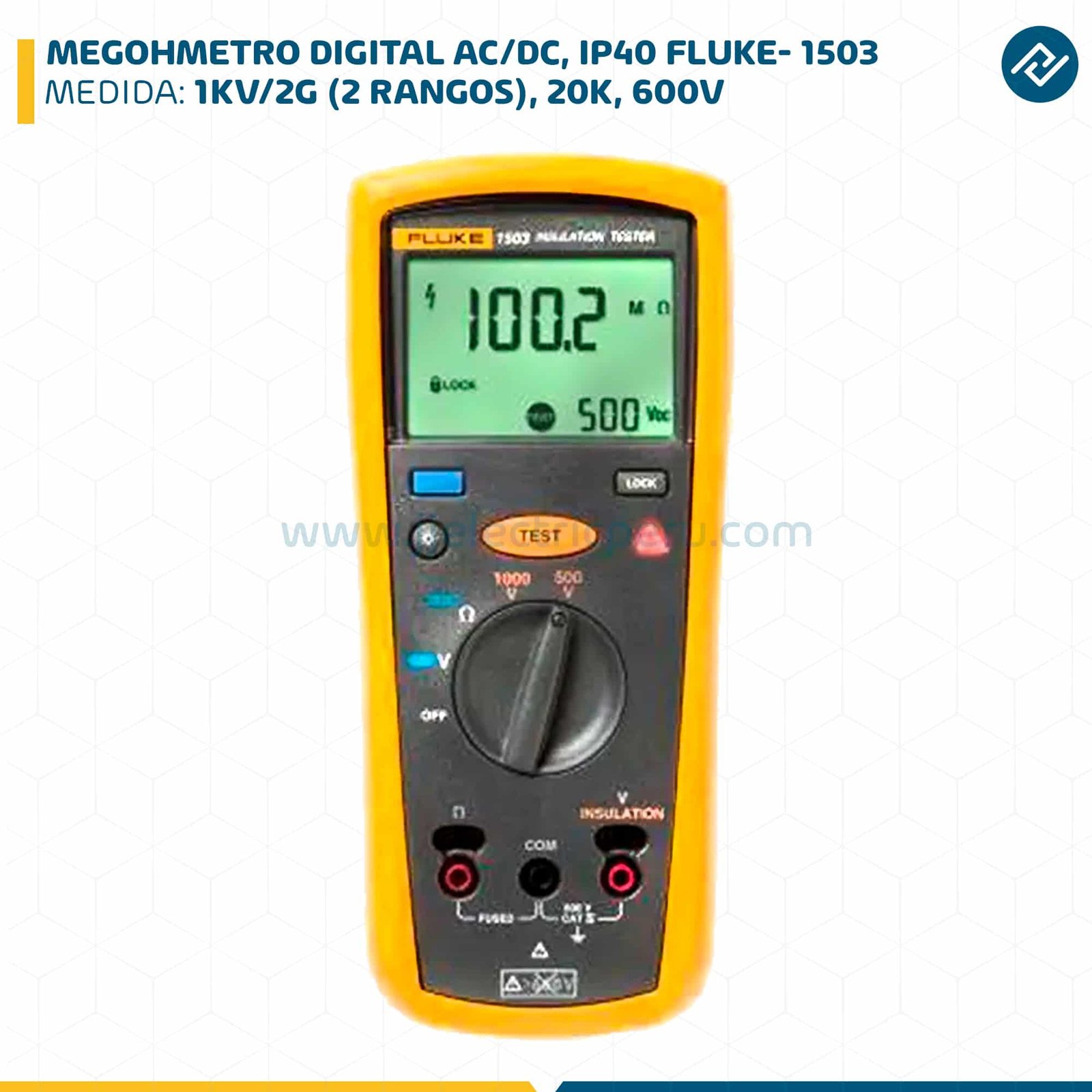 MEGOHMETRO DIGITAL, 1KV/2G (2 RANGOS), 20K, 600V AC/DC, IP40 FLUKE- 1503