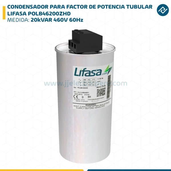 CONDENSADOR PARA FACTOR DE POTENCIA TUBULAR 20kVAR 460V 60Hz LIFASA POLB46200ZHD