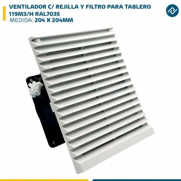 VENTILADOR C/ REJILLA Y FILTRO PARA TABLERO 119M3/H 204 X 204MM RAL7035
