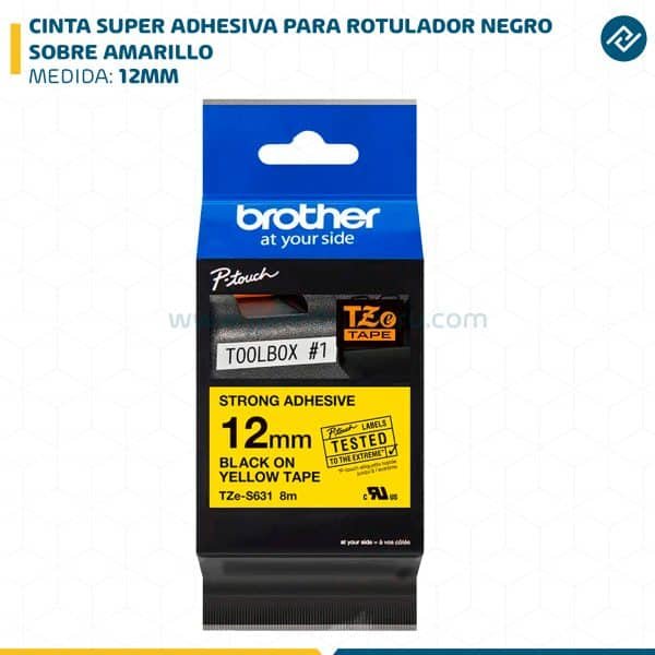 CINTA SUPER ADHESIVA PARA ROTULADOR NEGRO SOBRE AMARILLO 12MM