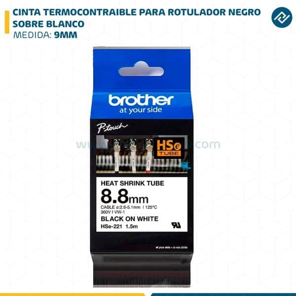 CINTA TERMOCONTRAIBLE PARA ROTULADOR NEGRO SOBRE BLANCO 9MM