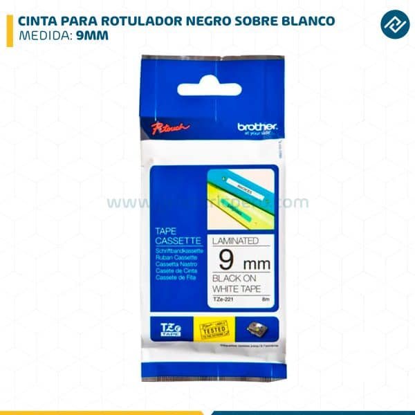 CINTA PARA ROTULADOR NEGRO SOBRE BLANCO 9MM