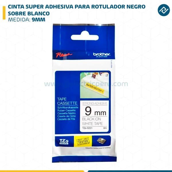CINTA SUPER ADHESIVA PARA ROTULADOR NEGRO SOBRE BLANCO 9MM