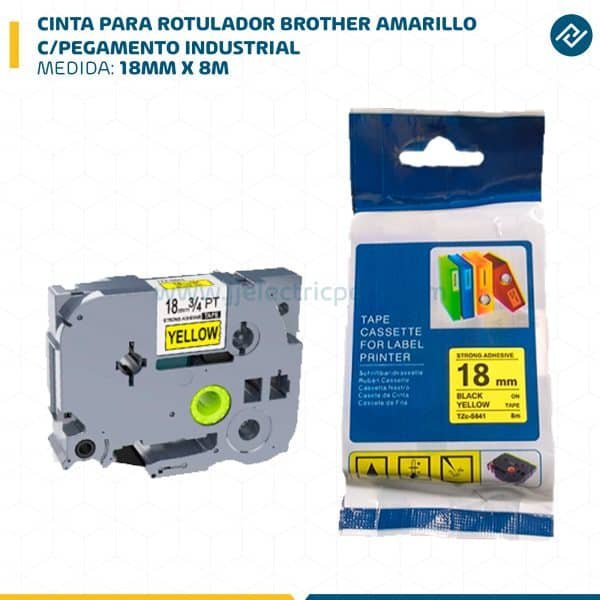 CINTA PARA ROTULADOR BROTHER 18MM X 8M AMARILLO C/PEGAMENTO INDUSTRIAL
