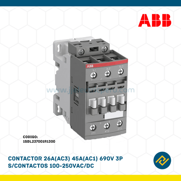 CONTACTOR 26A(AC3) 45A(AC1) 690V 3P S/CONTACTOS 100-250VAC/DC CODIGO: 1SBL237001R1300