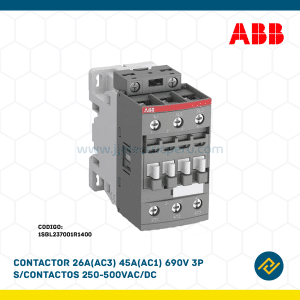 CONTACTOR 26A(AC3) 45A(AC1) 690V 3P S/CONTACTOS 250-500VAC/DC CODIGO: 1SBL237001R1400