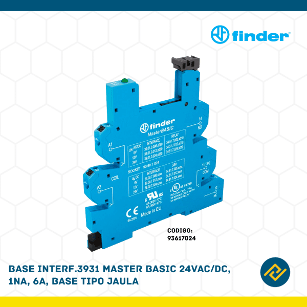 BASE INTERF.3931 MASTER BASIC 24VAC/DC, 1NA, 6A, BASE TIPO JAULA CODIGO: 93617024