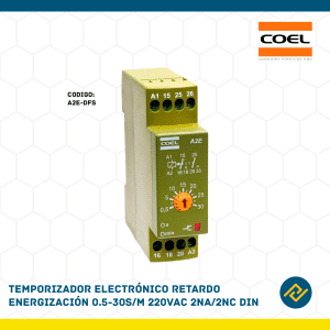 TEMPORIZADOR ELECTRONICO RETARDO ENERGIZACION 0.5-30S/M 220VAC 2NA/2NC DIN CODIGO: A2E-DFS