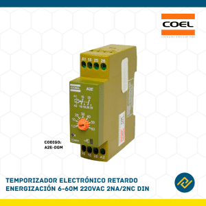 TEMPORIZADOR ELECTRONICO RETARDO ENERGIZACION 6-60M 220VAC 2NA/NC DIN CODIGO: A2E-DGM